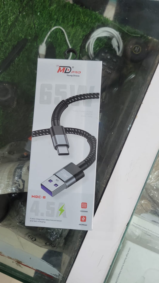 MD Pro MDC-8 Type-C 65W Braided Data Cable 1 Year Warranty