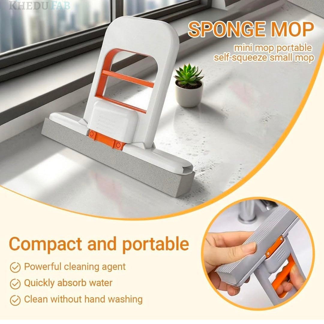 Mini Foldable Desktop Mop For Kitchen – Self‑Squeeze Sponge Mop for Wet & Dry Use – Portable Cleaning Tool – Kitchen, Bathroom, Glass, Living Room (1 Squeeze Handle + 2 Sponge Head)